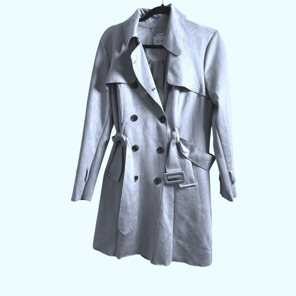 Elie Tahari Trench Coat Wms Size S  Gray Faux Suede Belted Double Breasted
